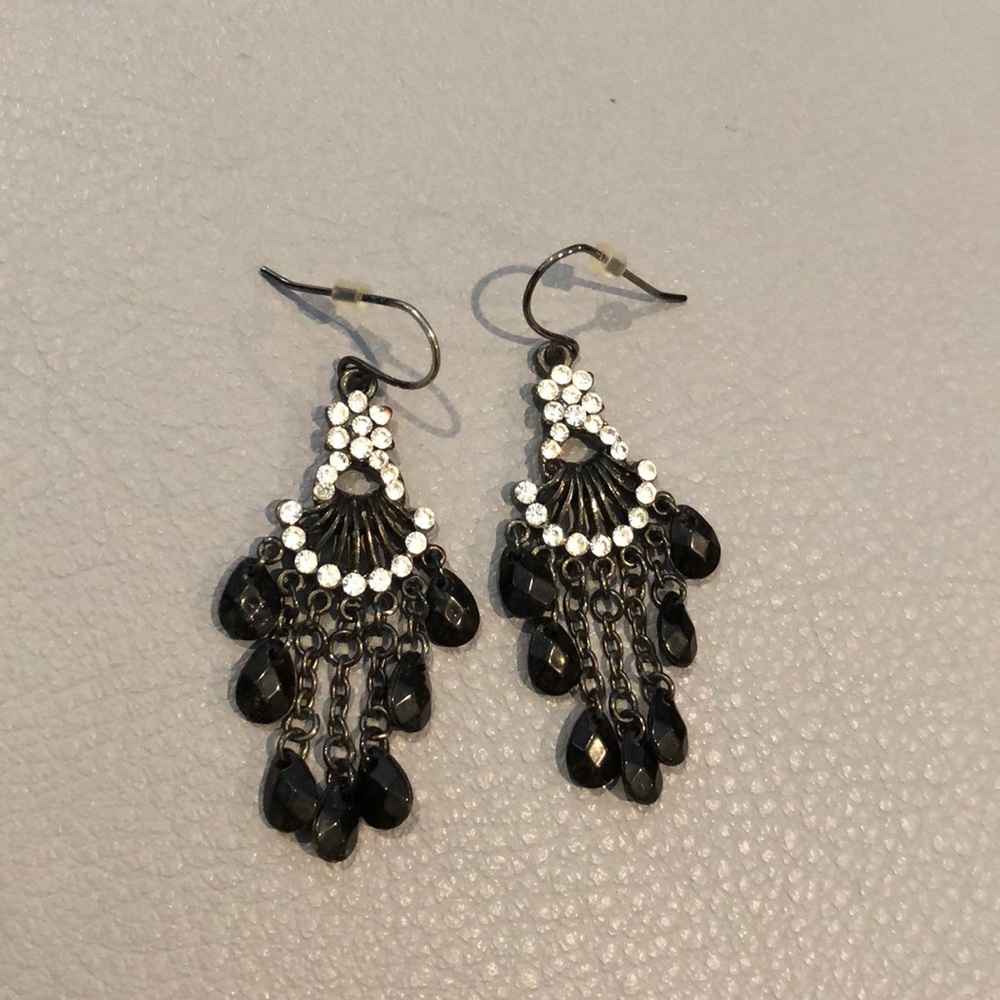 Black bead and rhinestone dangly earrings
